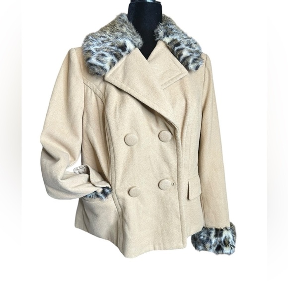 INC International Concepts Petite Size MP Tan Cropped Jacket With Faux Fur Trim - Picture 1 of 13